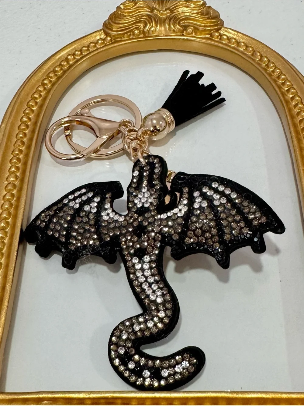 New Silver/ Black Crystal Dragon  Keychain with Gold Hardware